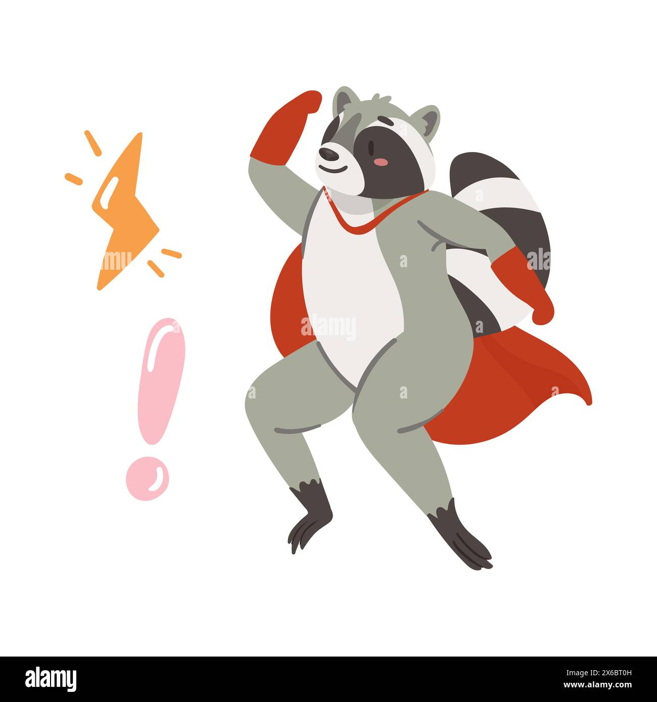 Cute raccoon in red superhero cape jumping with power gesture vector illustration Stock Vector