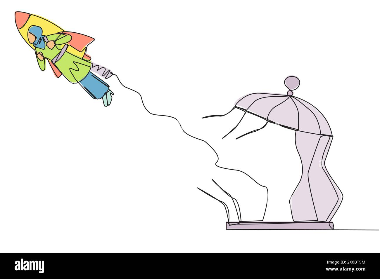 Continuous one line drawing Arabian businesswoman flying with rocket ...