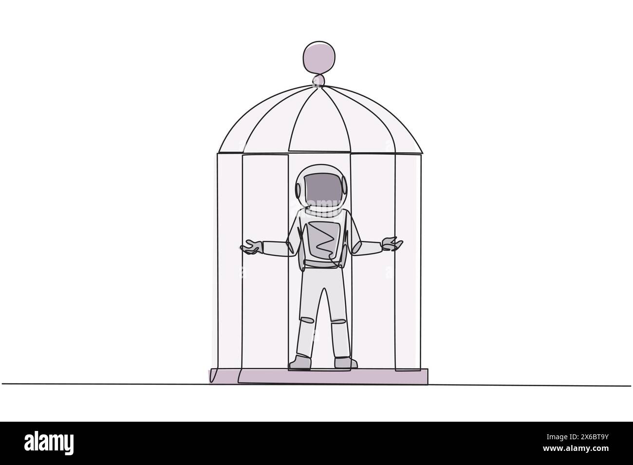 Single continuous line drawing astronaut trapped in cage standing with open arms. Surrender to the situation. Forced to stay in a cage. Business is no Stock Vector