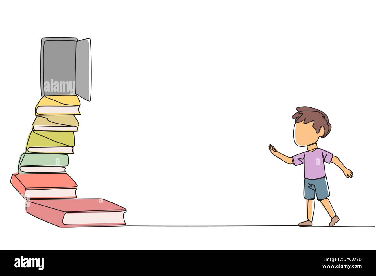 Continuous one line drawing boy climb the stairs from the book stack. Towards the wide open door. Metaphor of finding answers from books. Book festiva Stock Vector