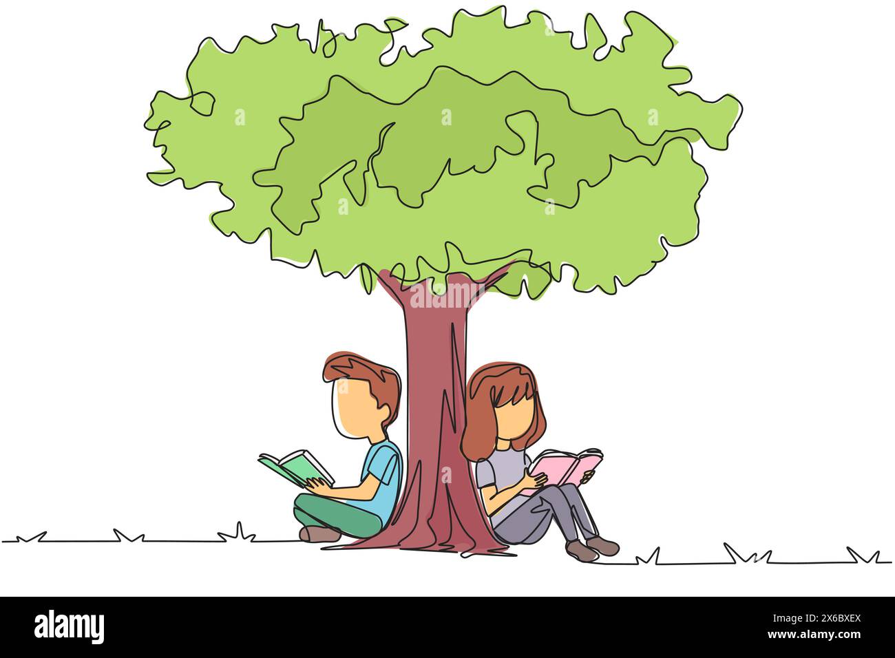 Single one line drawing the kids sitting reading a book under shady tree. They do group study summarizing story books. Enjoy reading. Book festival co Stock Vector