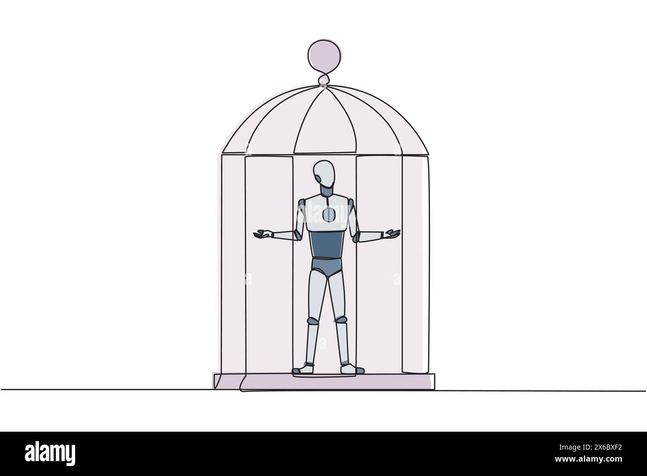 Single one line drawing robot trapped in cage standing with open arms. Surrender to the situation. Forced to stay in a cage. Business is not growing. Stock Vector