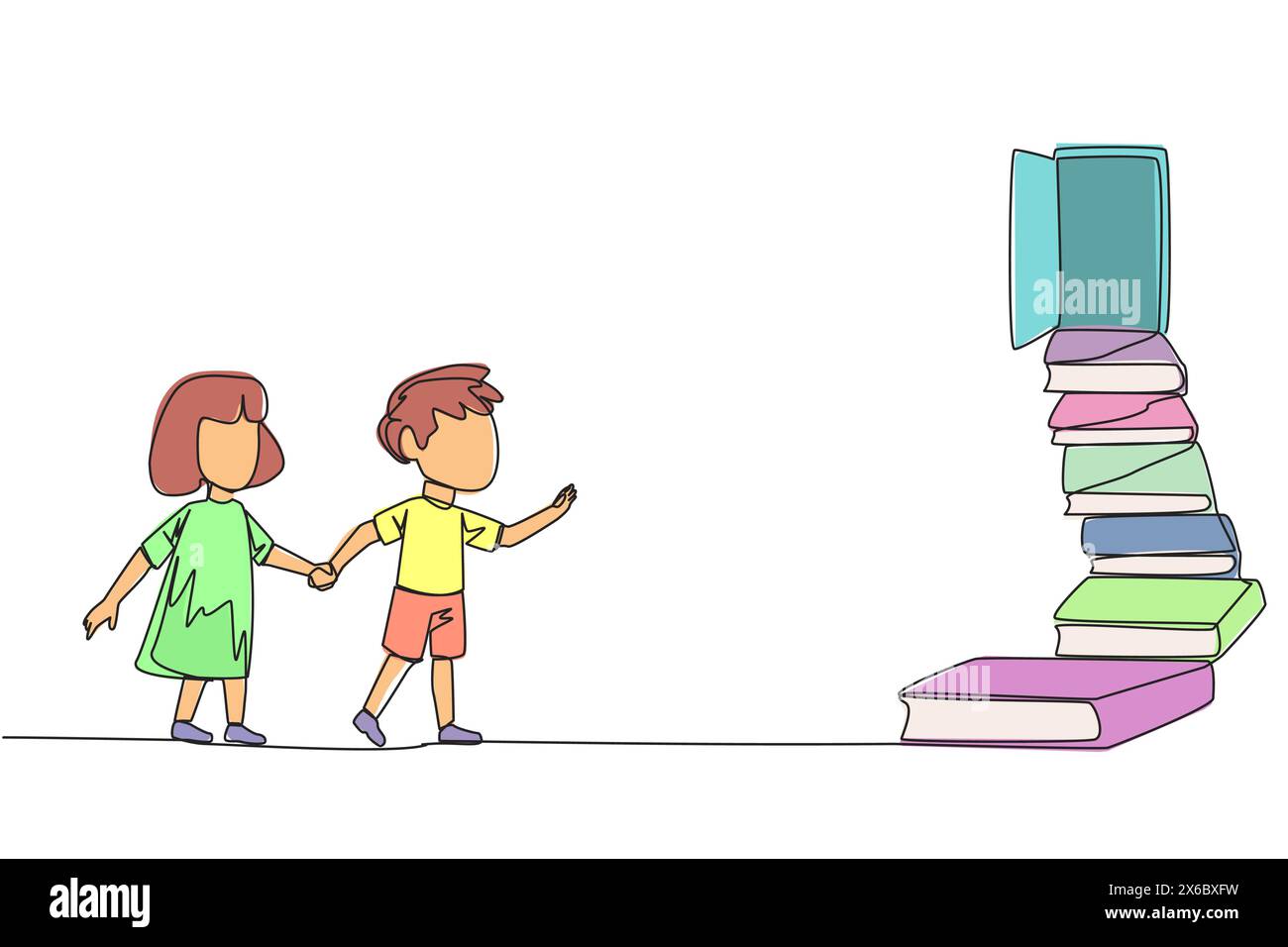 Continuous one line drawing kids climb the stairs from the book stack