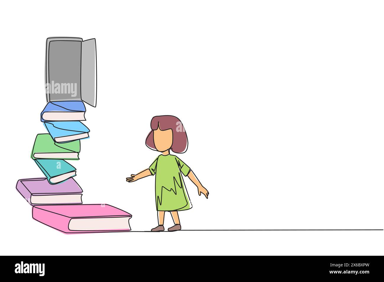 Continuous one line drawing girls climb the stairs from the book stack