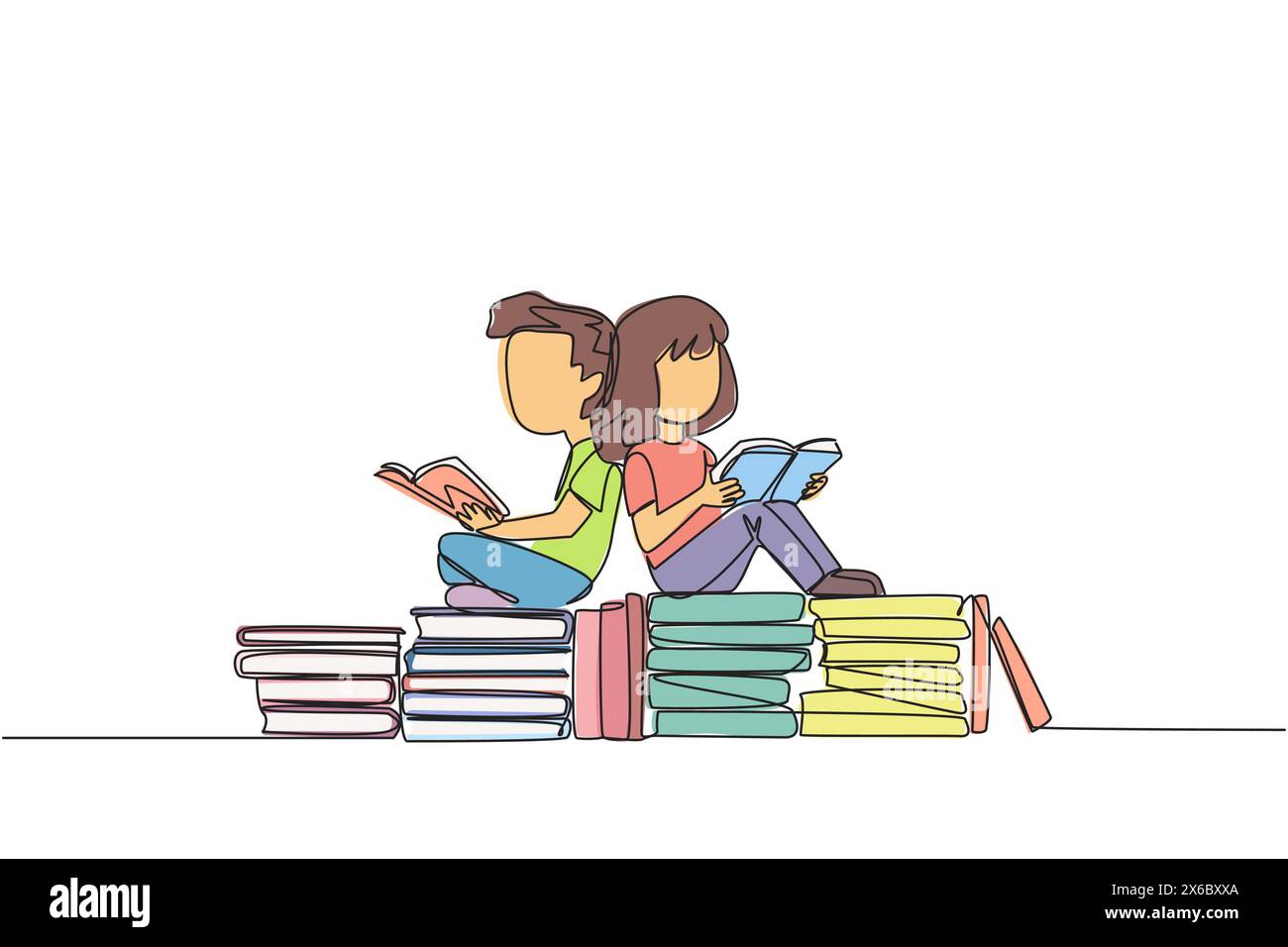 Single one line drawing kids sitting relaxed reading a book on pile of ...