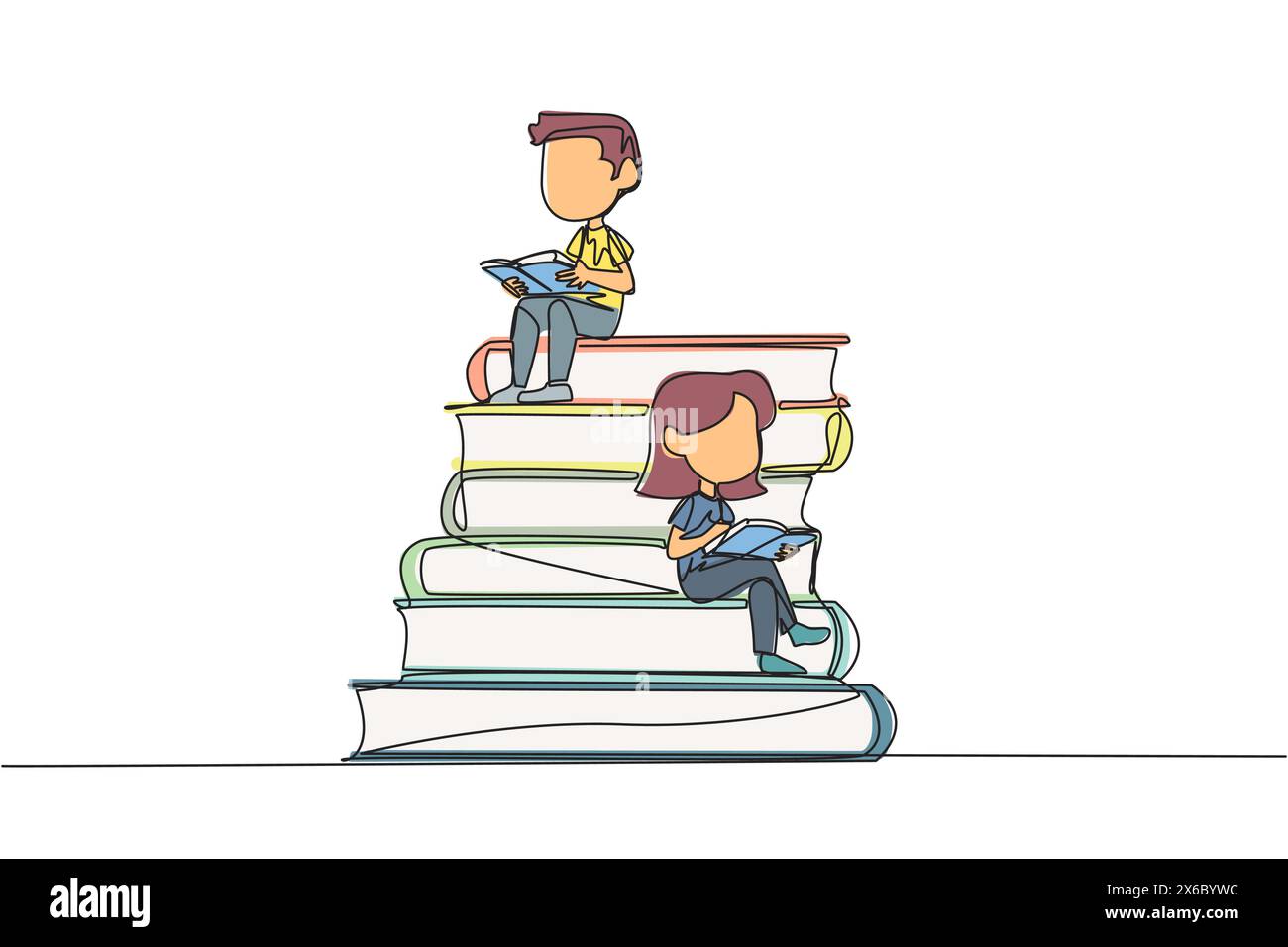 Single continuous line drawing happy kids sitting on a pile of books ...