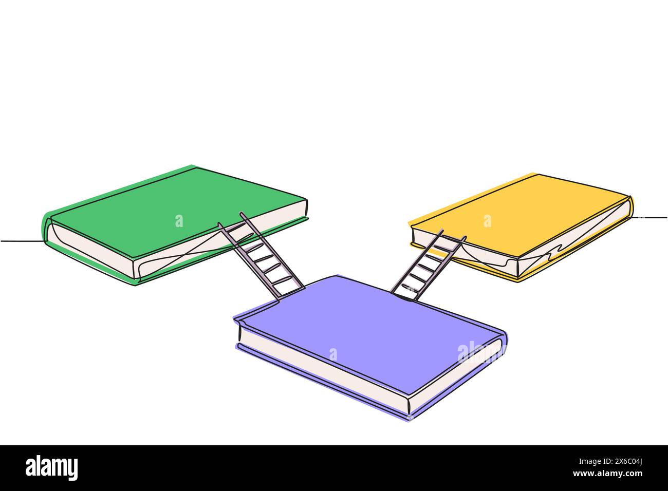 Single continuous line drawing three large books connected by stairs. Expo exhibition stage. Booth for exhibiting books. Book festival at outer space. Stock Vector