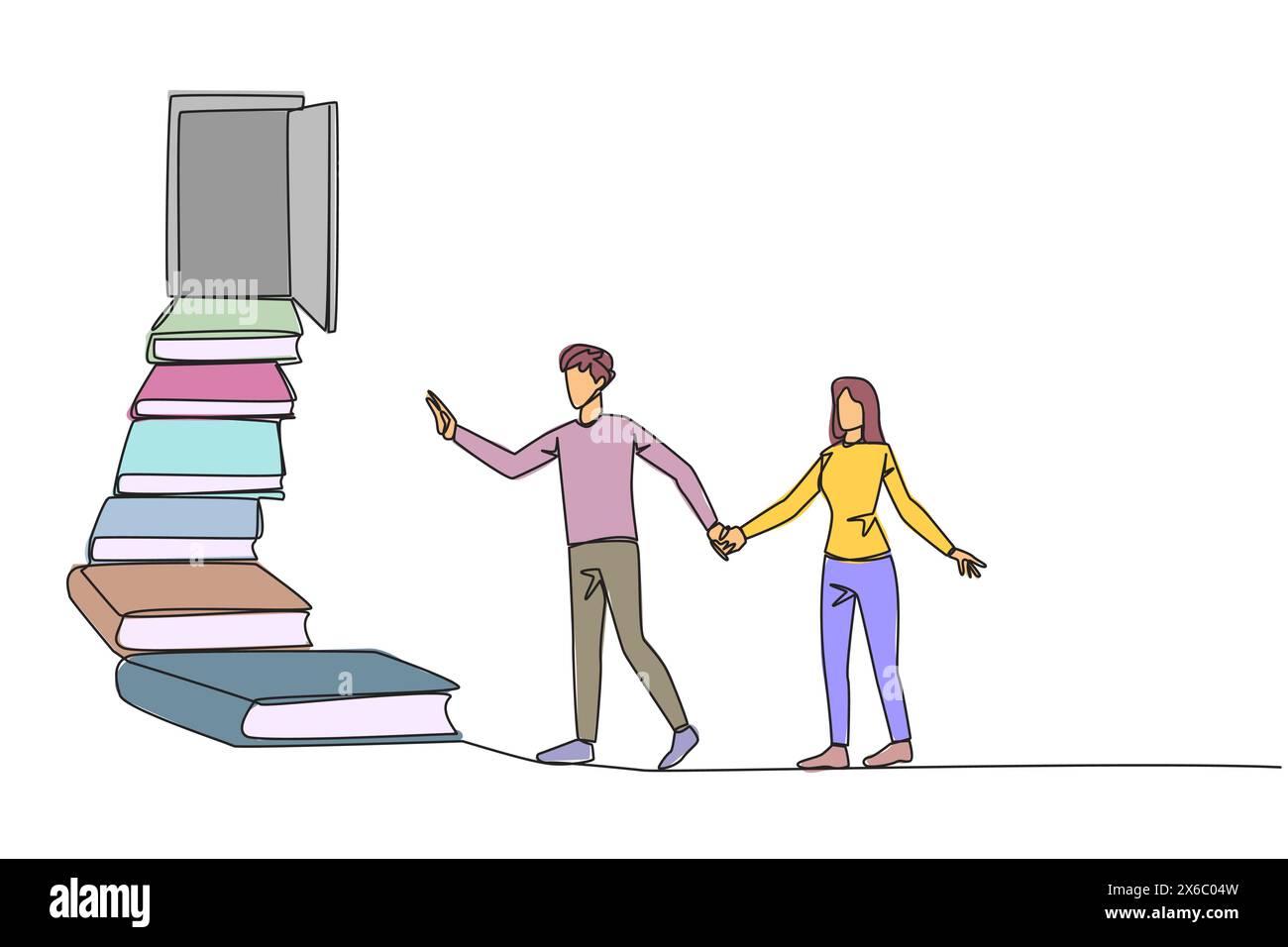 Single one line drawing man woman climb the stairs from the book stack