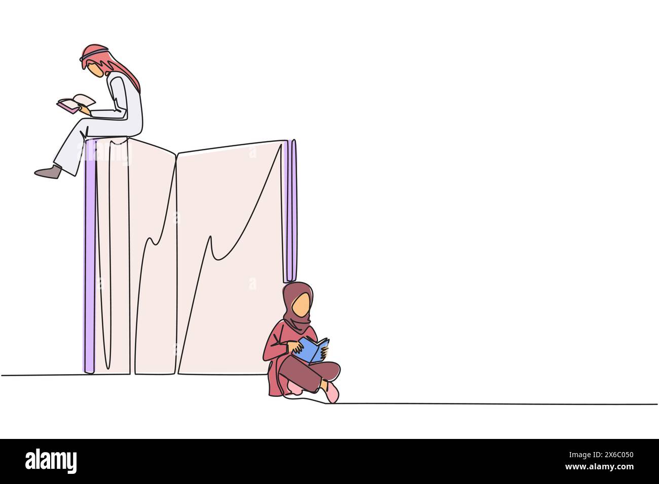 Single continuous line drawing Arab man woman sitting reading books ...
