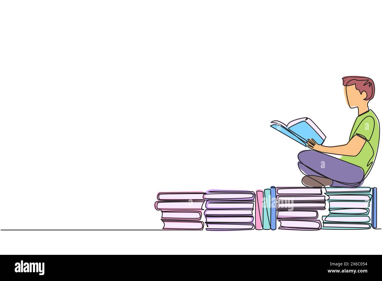 Single one line drawing man sitting relaxed reading a book on pile of ...