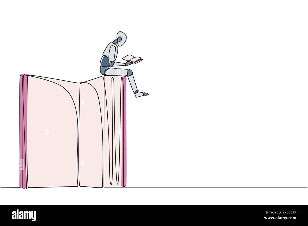 Continuous one line drawing smart robotic sitting on a big open book ...