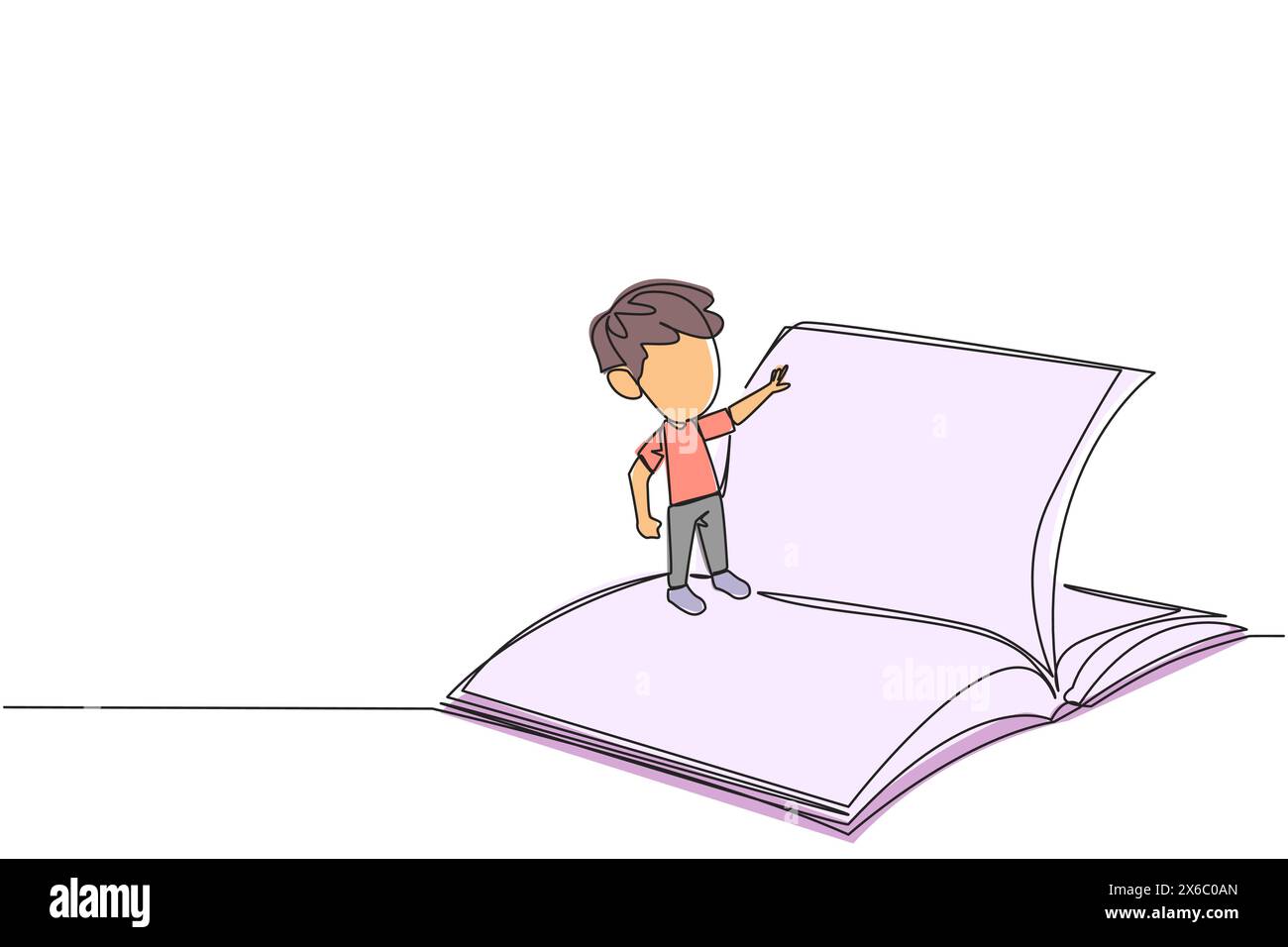 Single one line drawing boy standing over open ledger turning the pages. Read slowly to understand the contents of each page. Reading increases insigh Stock Vector