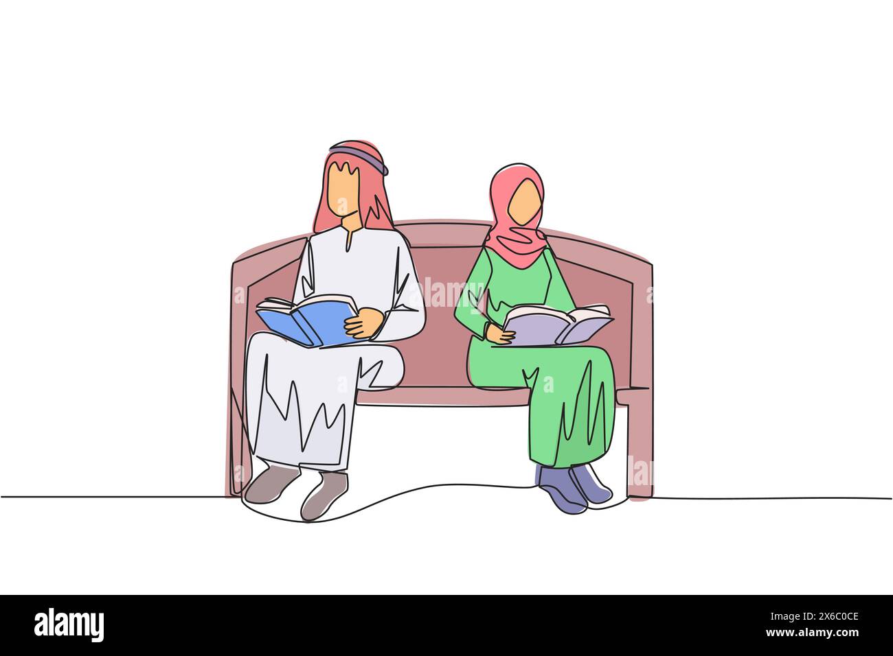 Continuous one line drawing Arab man woman sitting reading on chair in ...