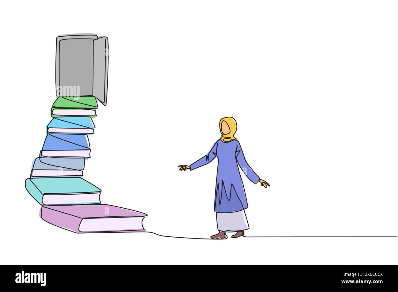 Single continuous line drawing Arab woman climb stairs from the book