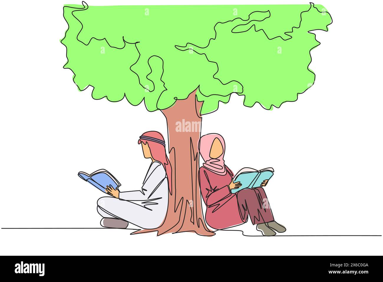 Single one line drawing Arab man woman sitting reading book under shady tree. Continuing second volume of fiction story book. Enjoy reading. Book fest Stock Vector