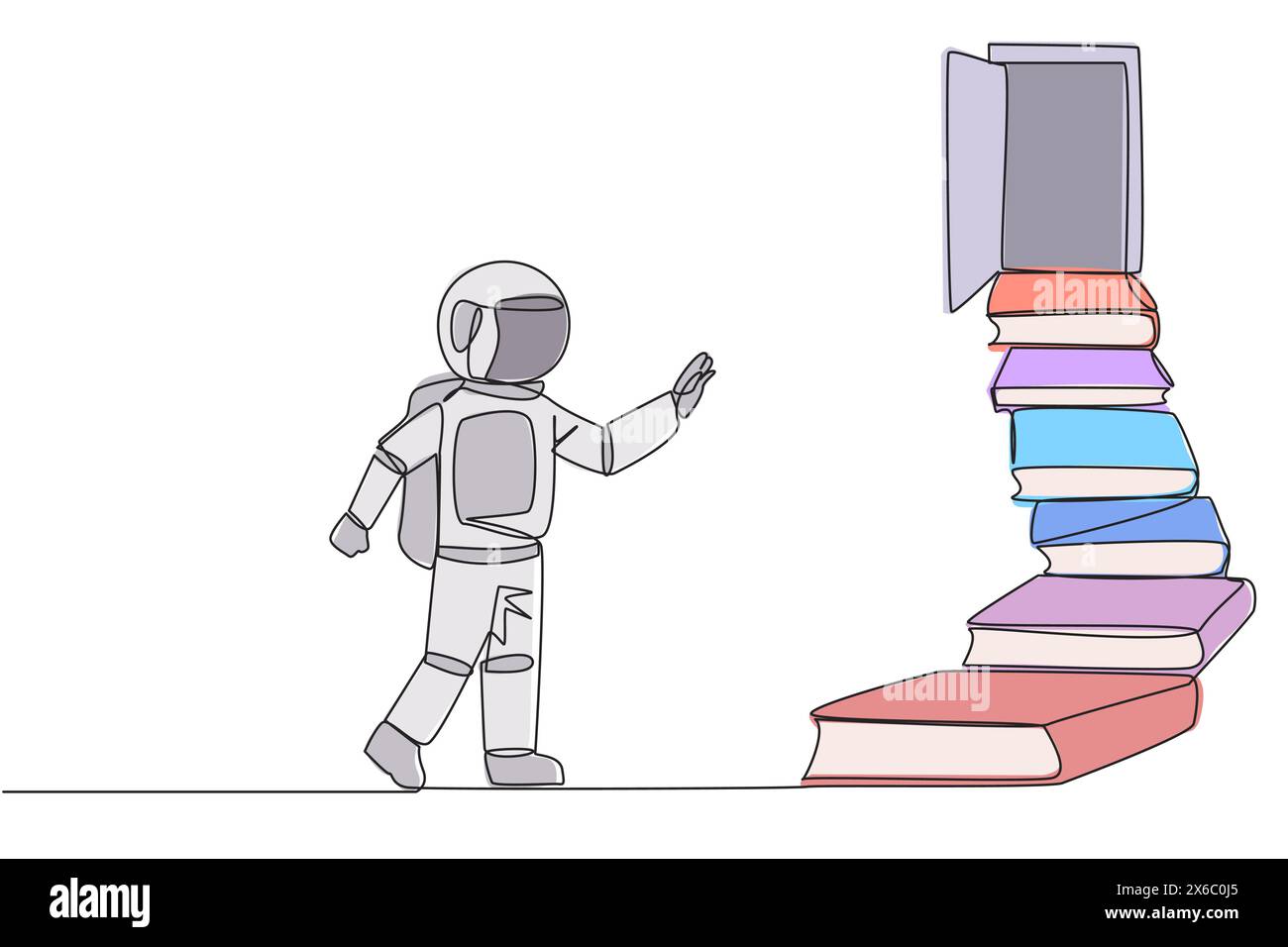 Single continuous line drawing astronaut climb stairs from the book