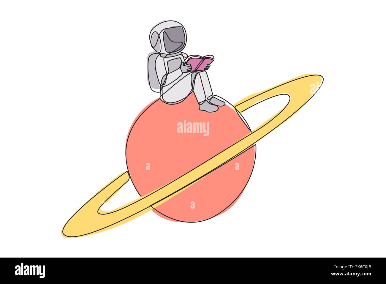Single one line drawing astronaut sitting on the planet Saturn. Read ...