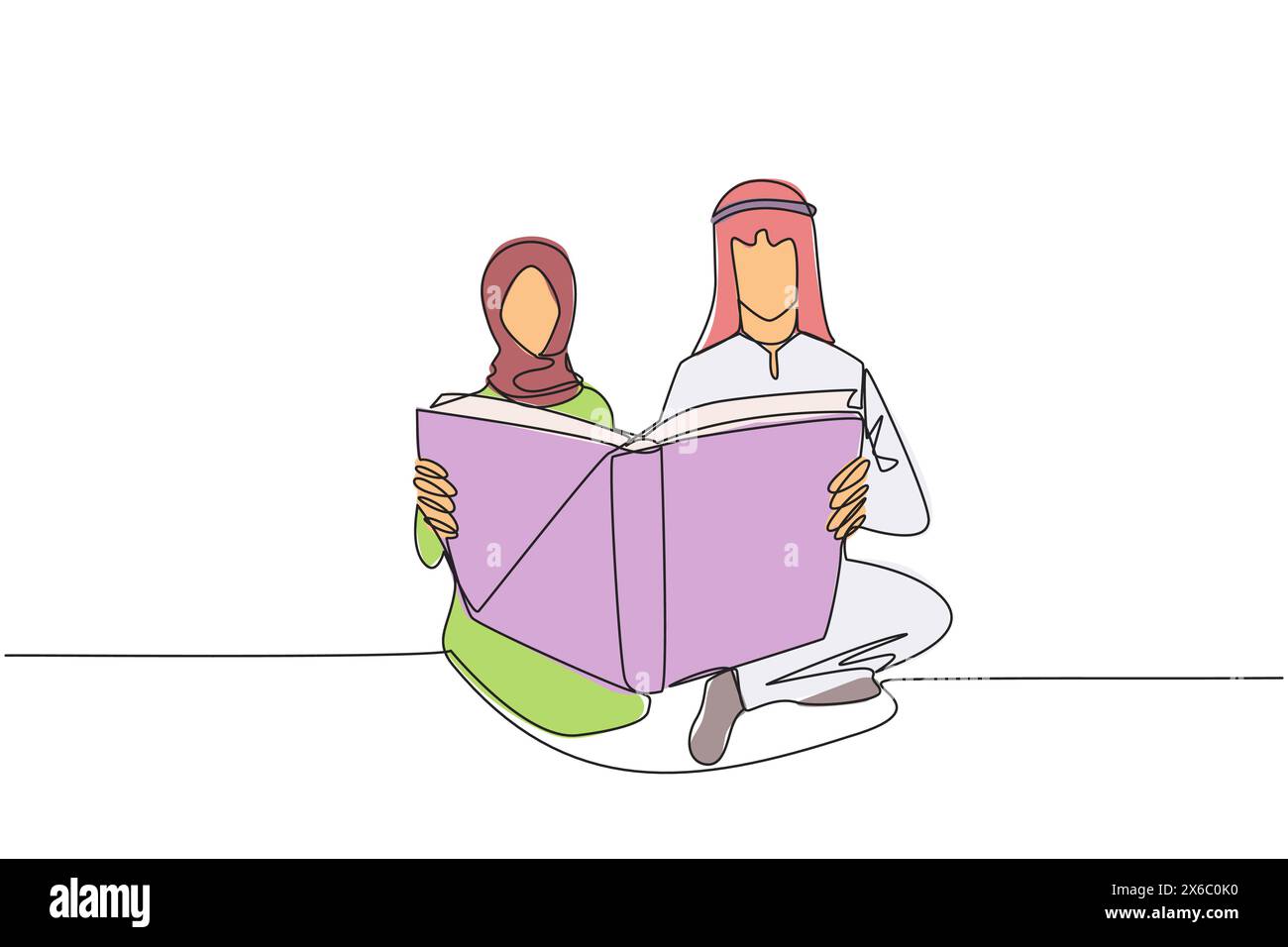 Single continuous line drawing Arabian man woman sitting reading