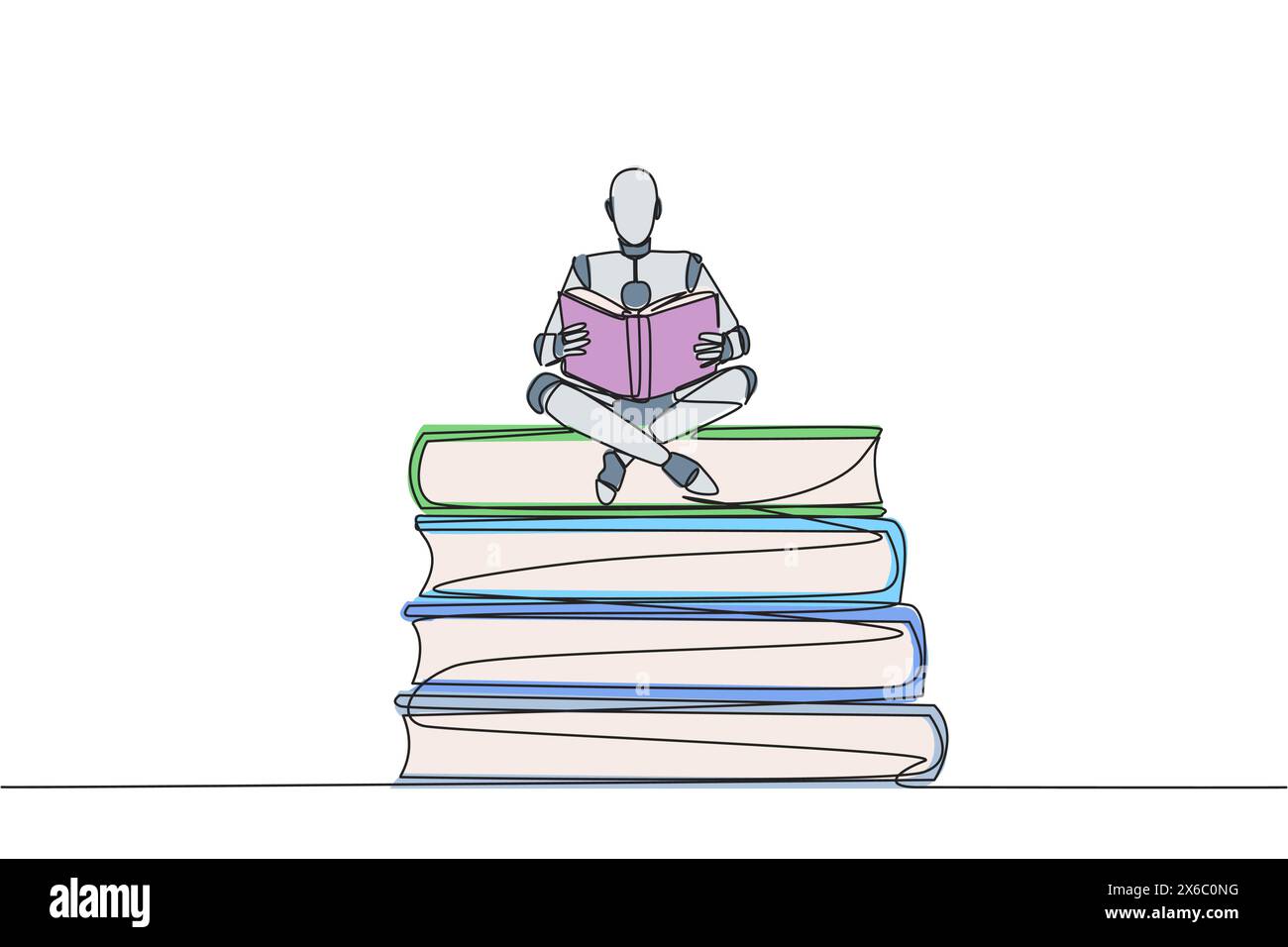 Continuous one line drawing robot sitting relax reading book on pile of ...