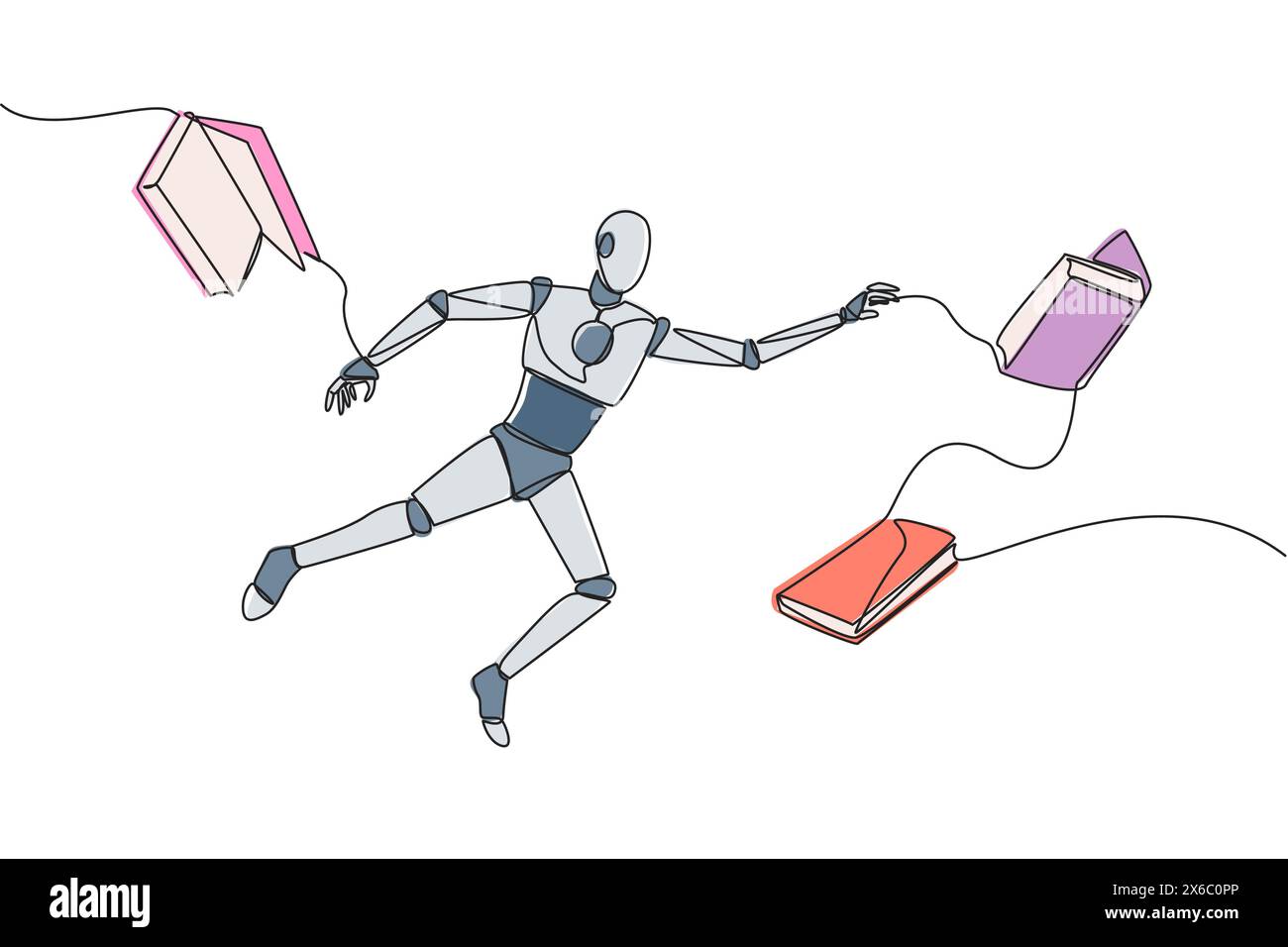 Single continuous line drawing astronaut floating in space trying to pick up books. No gravity makes it float. Basic space knowledge. Tech book festiv Stock Vector