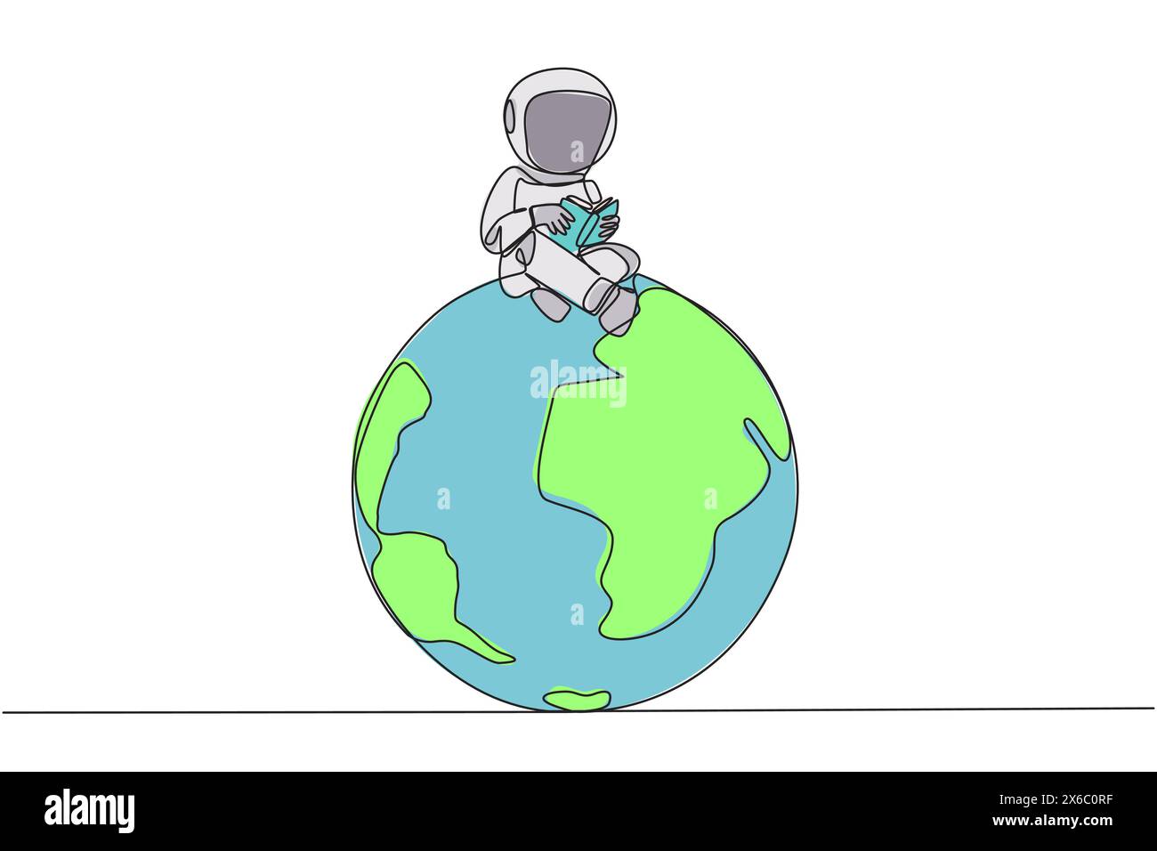 Single continuous line drawing astronaut sitting on big globe reading a ...