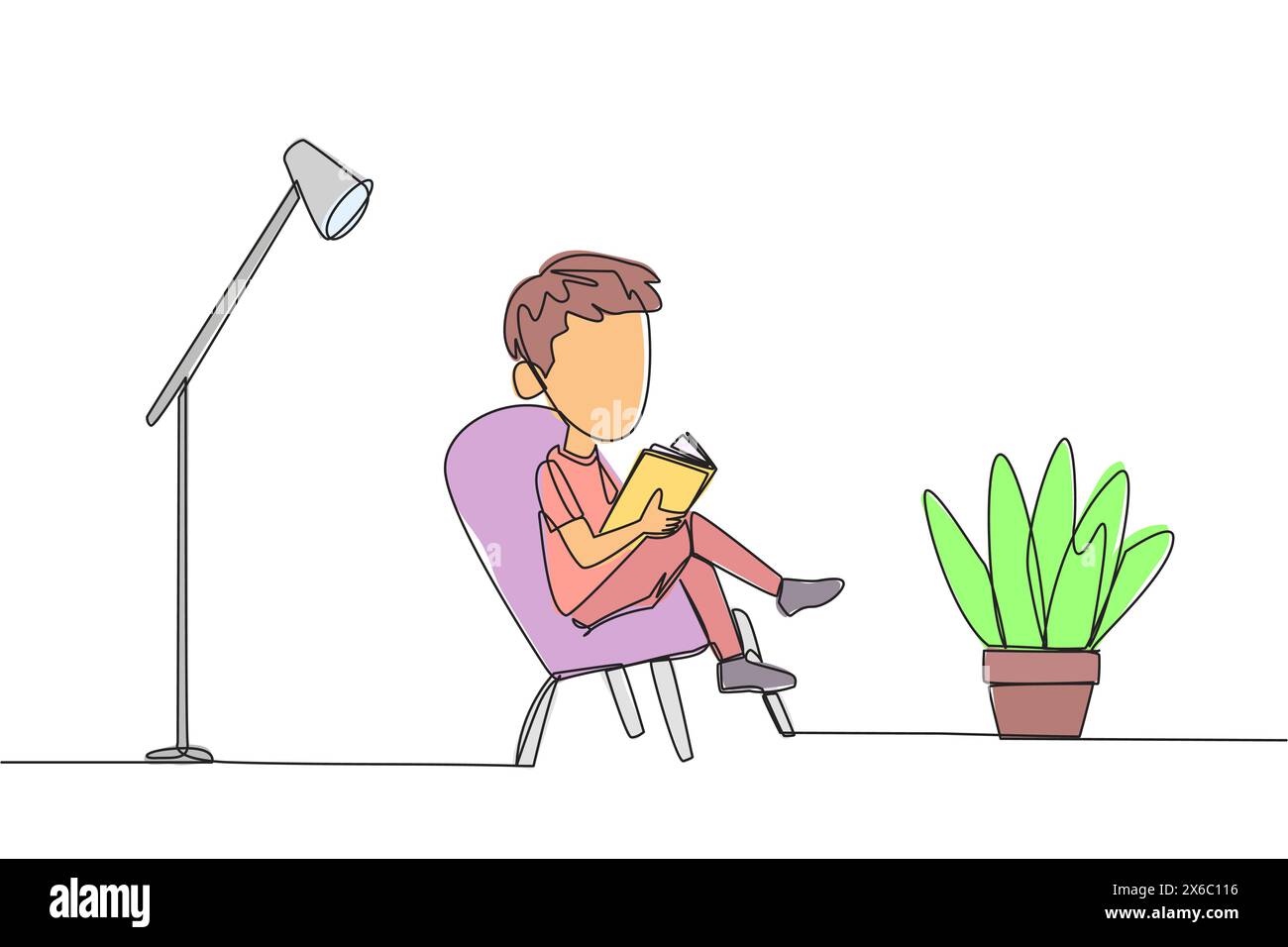 Single one line drawing smart boy sitting reading in a room with a reading lamp. Spending school holidays increasing knowledge by reading books. Love Stock Vector