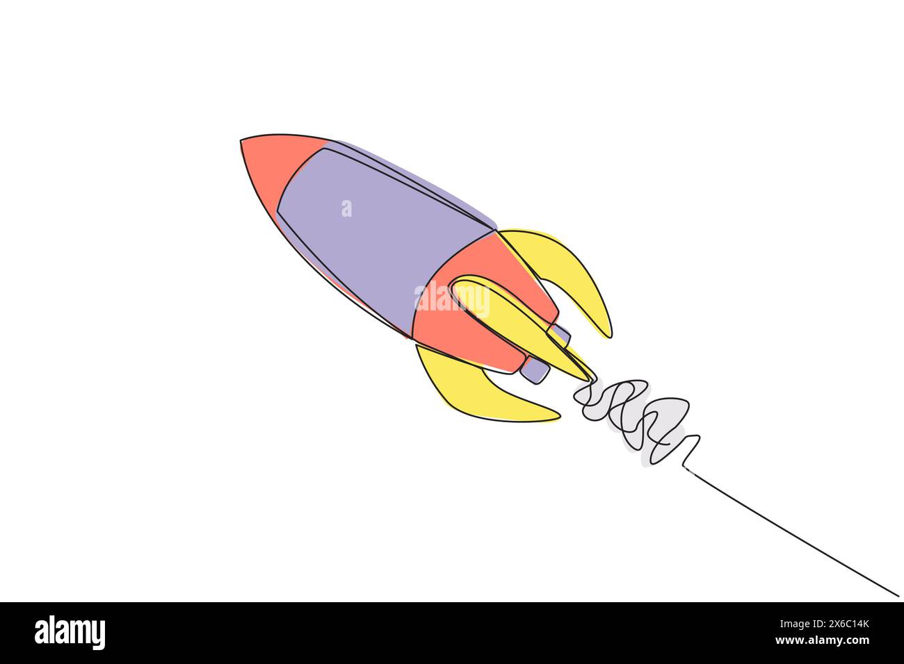 Single continuous line drawing flying rocket. A rocket that has taken off from the earth. Preparing to land on the moon. Space expedition aircraft. Co Stock Vector