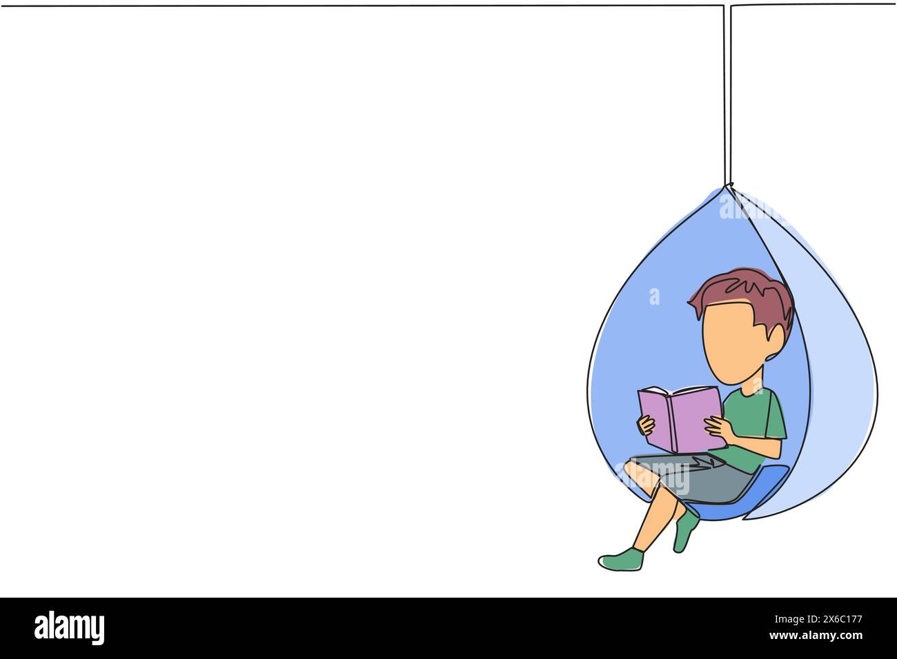 Continuous one line drawing boy sitting relaxed in a hanging chair reading a book. Spend the weekend reading favorite fiction story book. Love reading Stock Vector