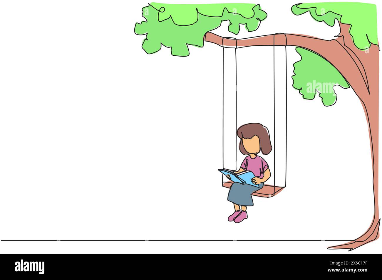 Continuous one line drawing girl sitting on swing under a shady tree reading a book. High enthusiasm for reading. Read anywhere. Reading increases ins Stock Vector