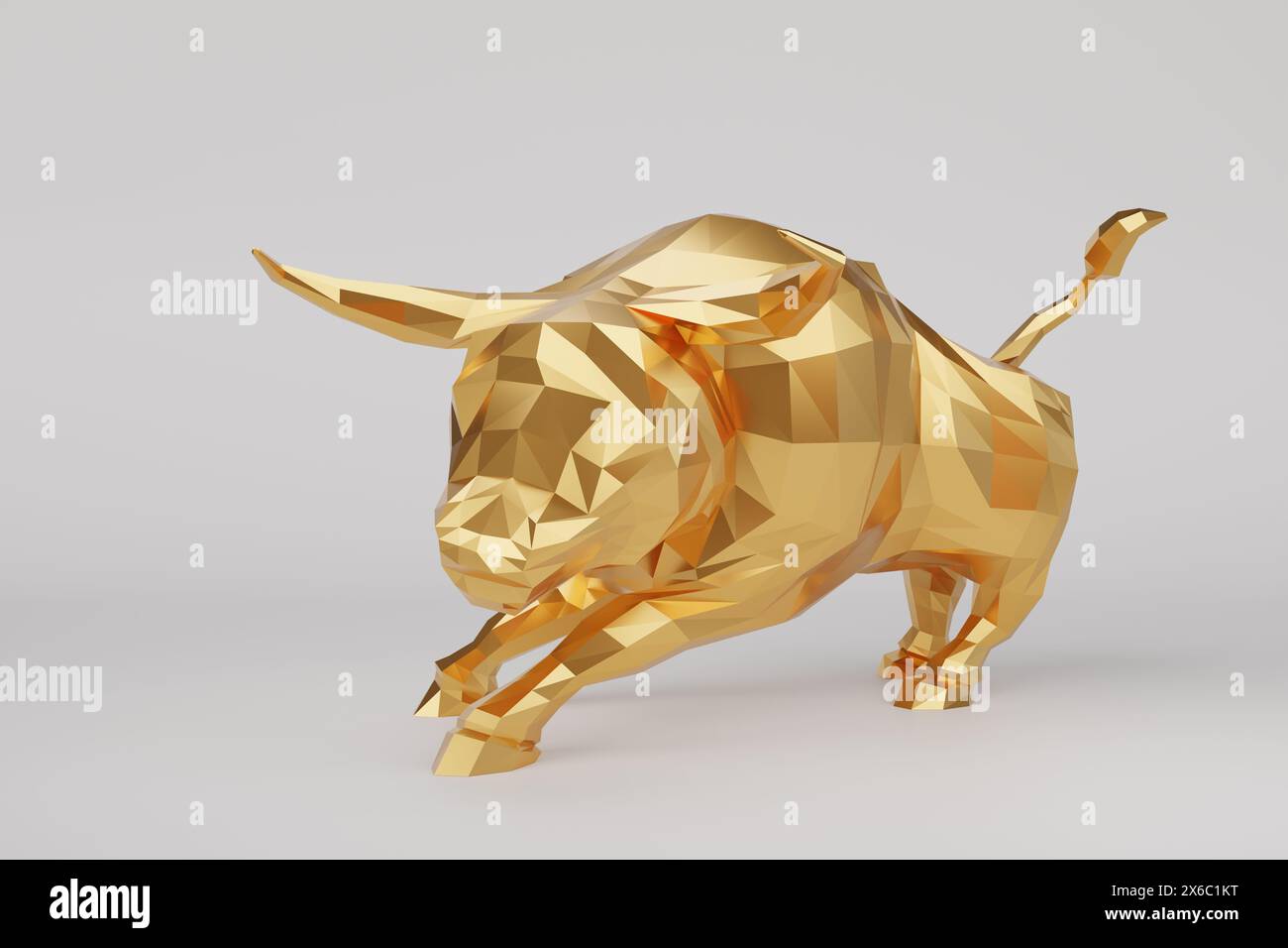 Golden low poly bull on a white background. Illustration of the concept of bull market, profitable investment and rising stock prices Stock Photo