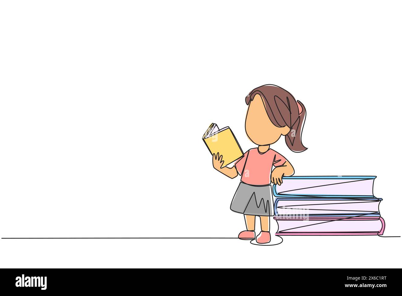 Continuous one line drawing girl standing reading a book while leaning against a pile of large books. Hobby of reading anywhere. Very happy when readi Stock Vector
