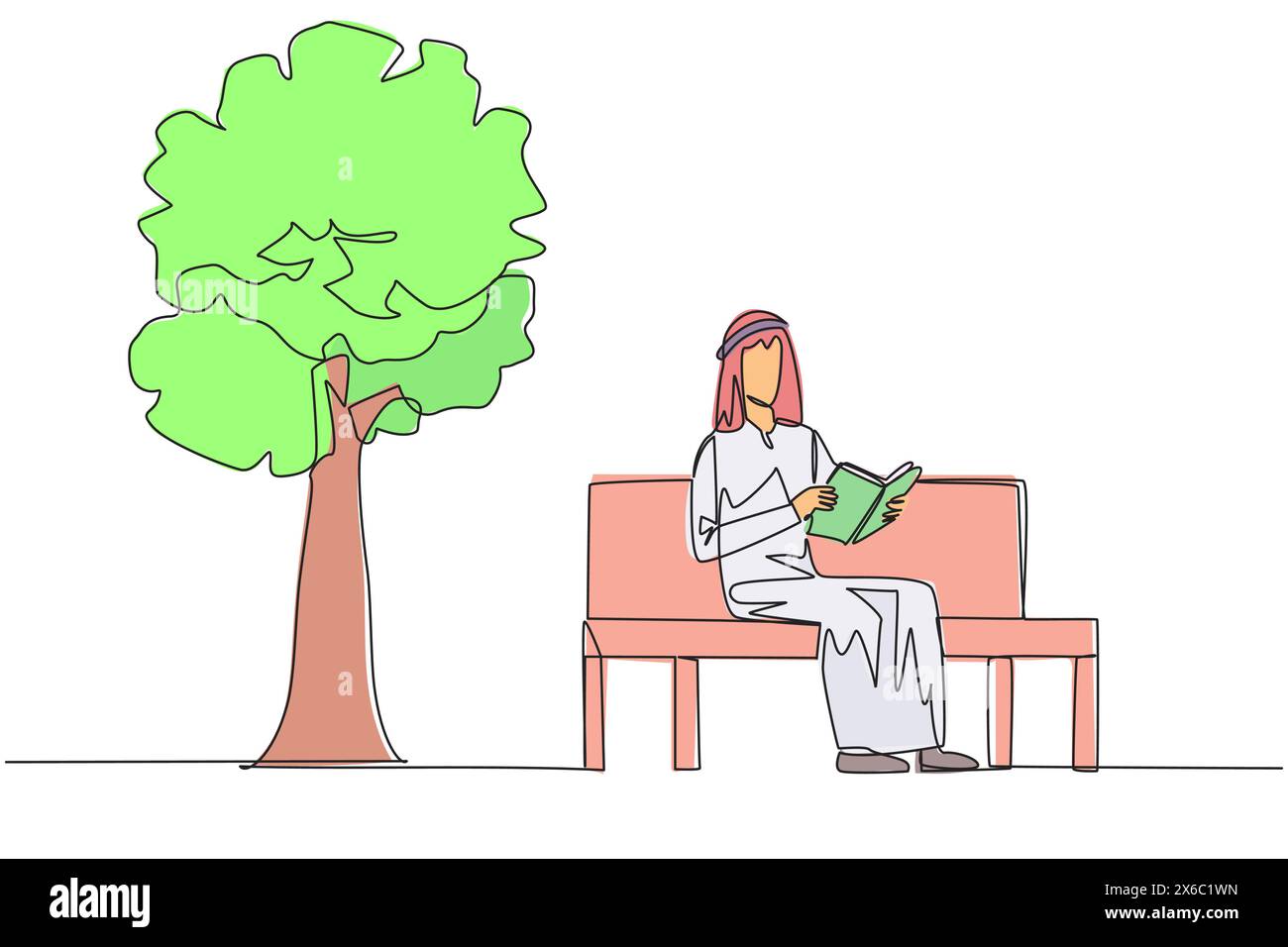 Single one line drawing Arabian man sitting on park bench reading book ...