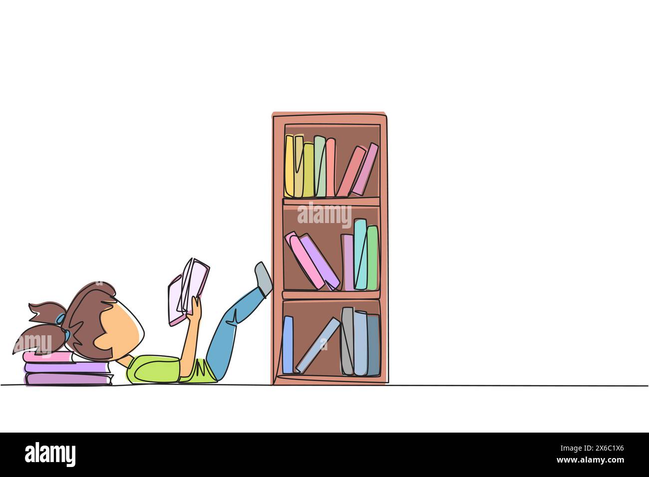 Single one line drawing girl lying on back reading fiction story book near bookcase. Read slowly to enjoy the storyline. Hobby reading. Very good habi Stock Vector