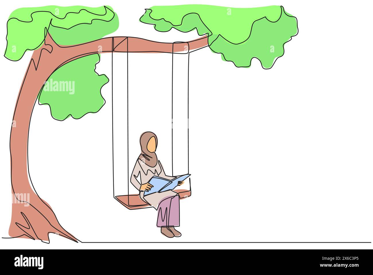 Single continuous line drawing Arabian woman sitting on swing under shady tree reading book. High enthusiasm for reading. Read anywhere. Reading incre Stock Vector