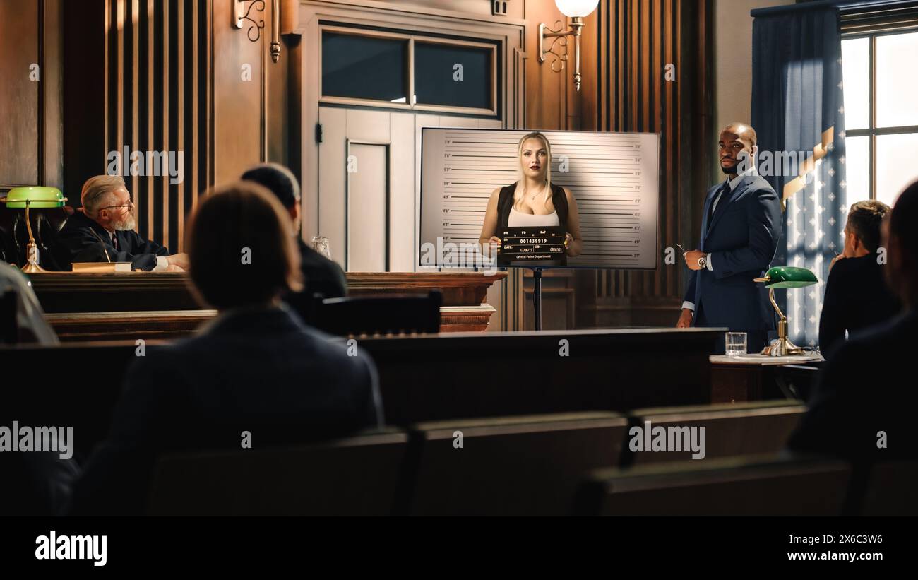 Court of Law Trial in Session: Portrait of Charismatic Male Public Defender Showing Guity Arrested Girl on TV Display to Judge and Jury. Attorney Lawyer Protecting Client, Presenting Case. Stock Photo