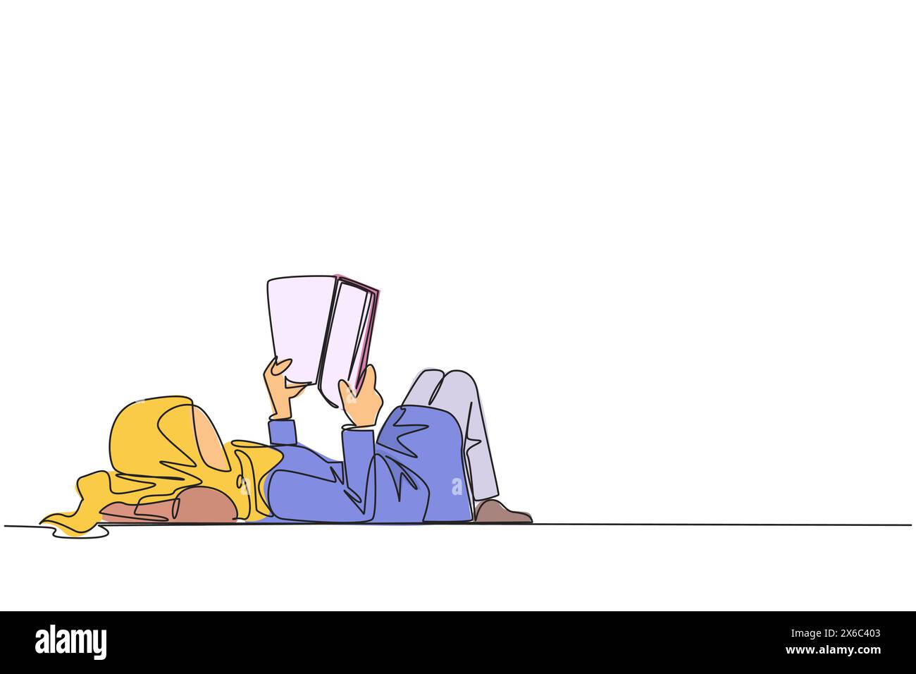 Continuous one line drawing Arab woman lying on back reading book ...