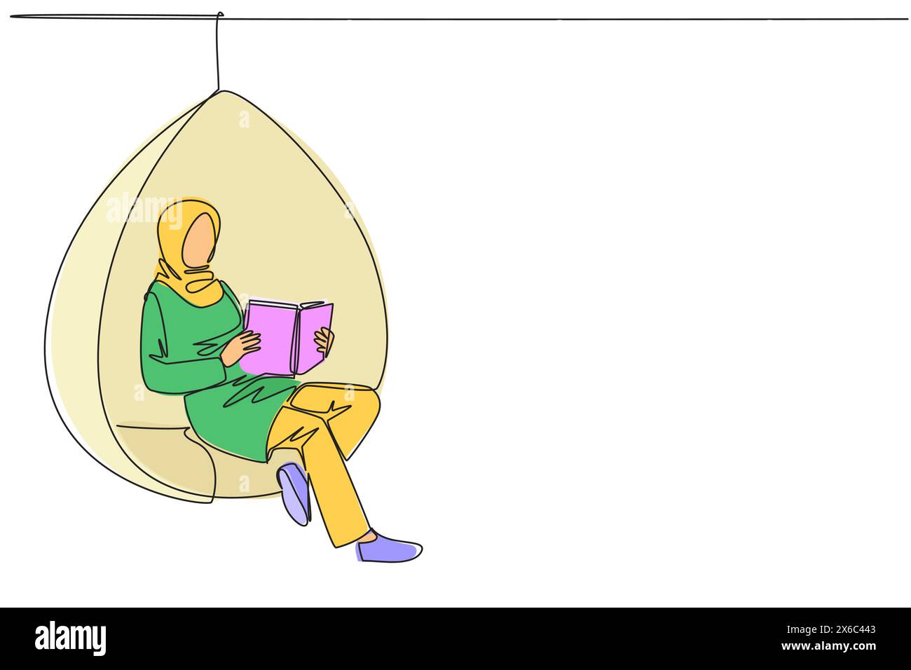 Single continuous line drawing Arab woman sitting relax in hanging ...