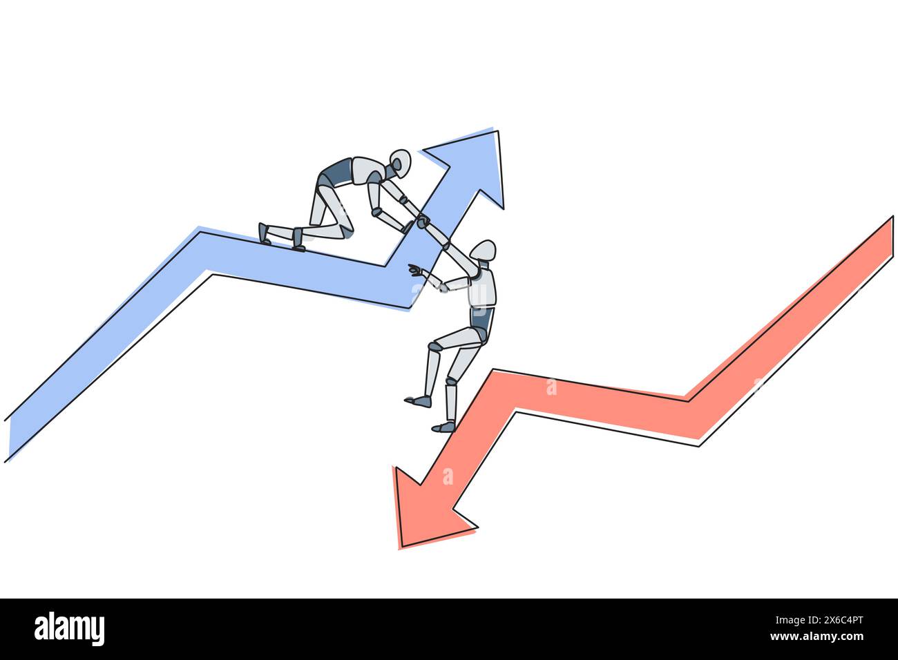 Single continuous line drawing smart robot helps colleague climb arrow ...