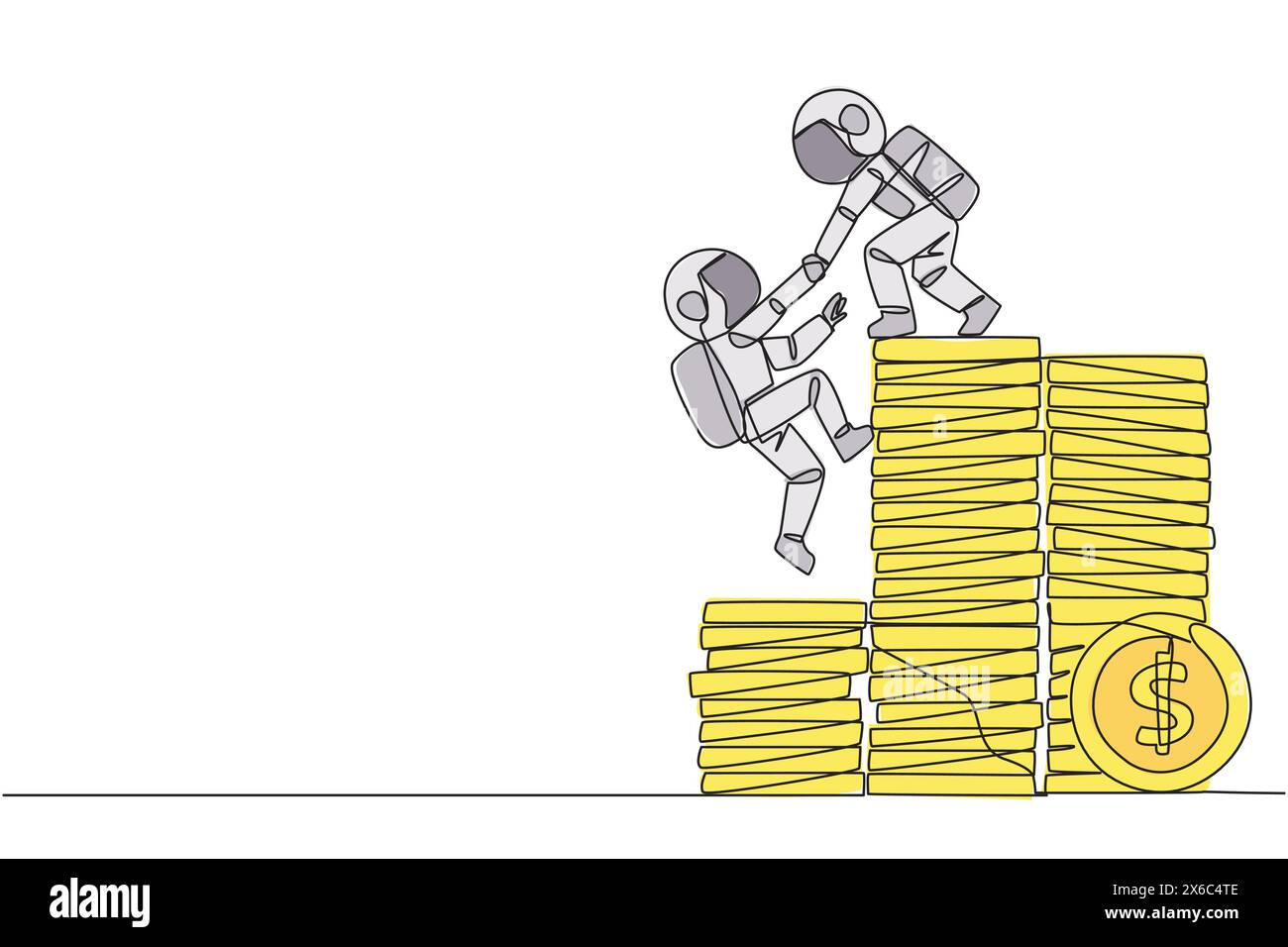 Continuous one line drawing astronaut helps colleague climb a pile of