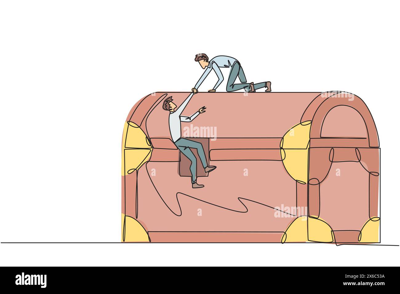 Continuous one line drawing businessman helps colleague climb a large ...