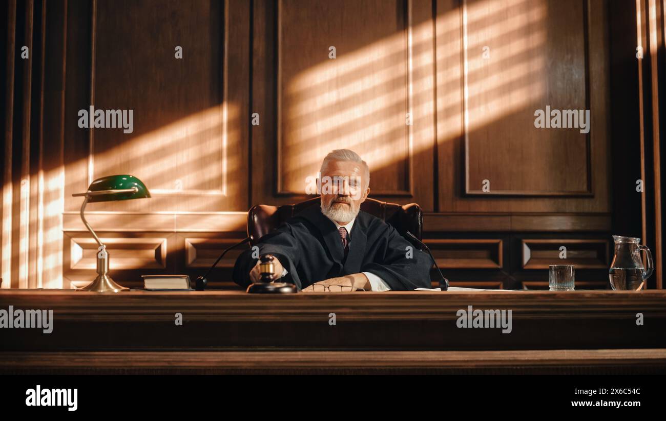 Court of Law and Justice Trial Session: Imparcial Honorable Judge Pronouncing Sentence, Striking Gavel. Shot of Dramatic Not Guilty Verdict. Stock Photo