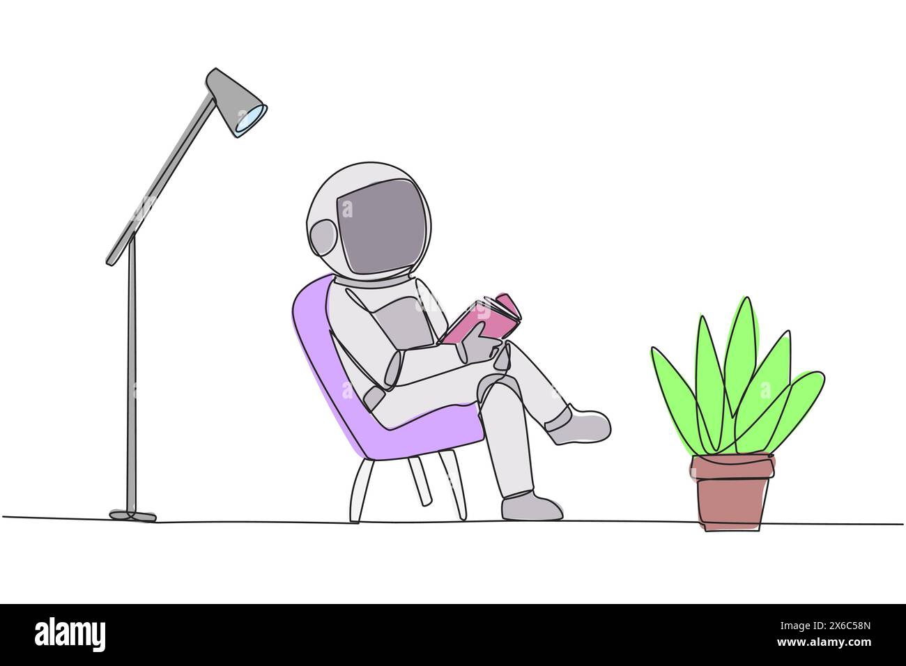Continuous one line drawing astronaut sitting reading in room with ...