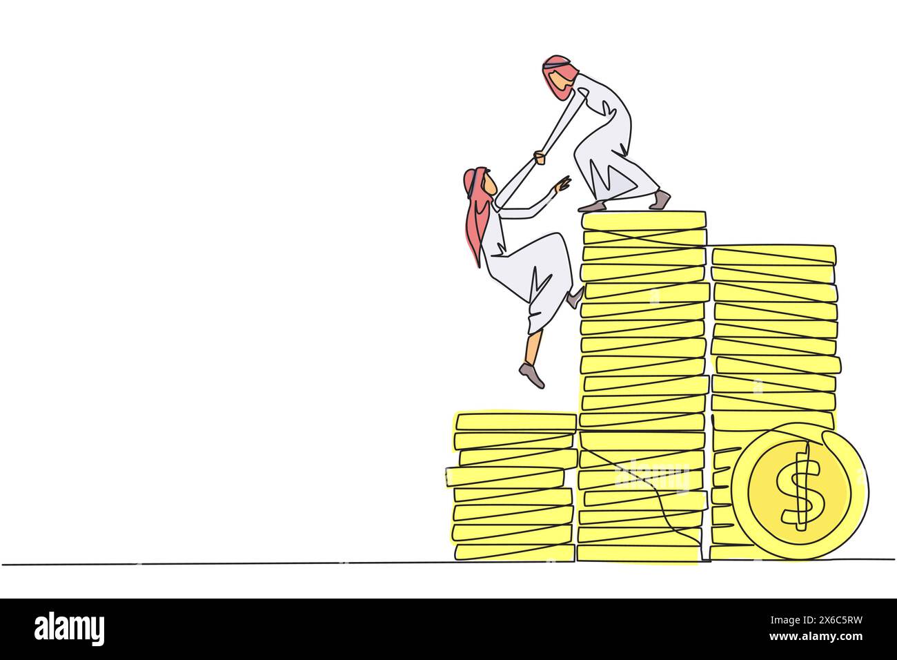 Single continuous line drawing Arab businessman helps colleague climb ...