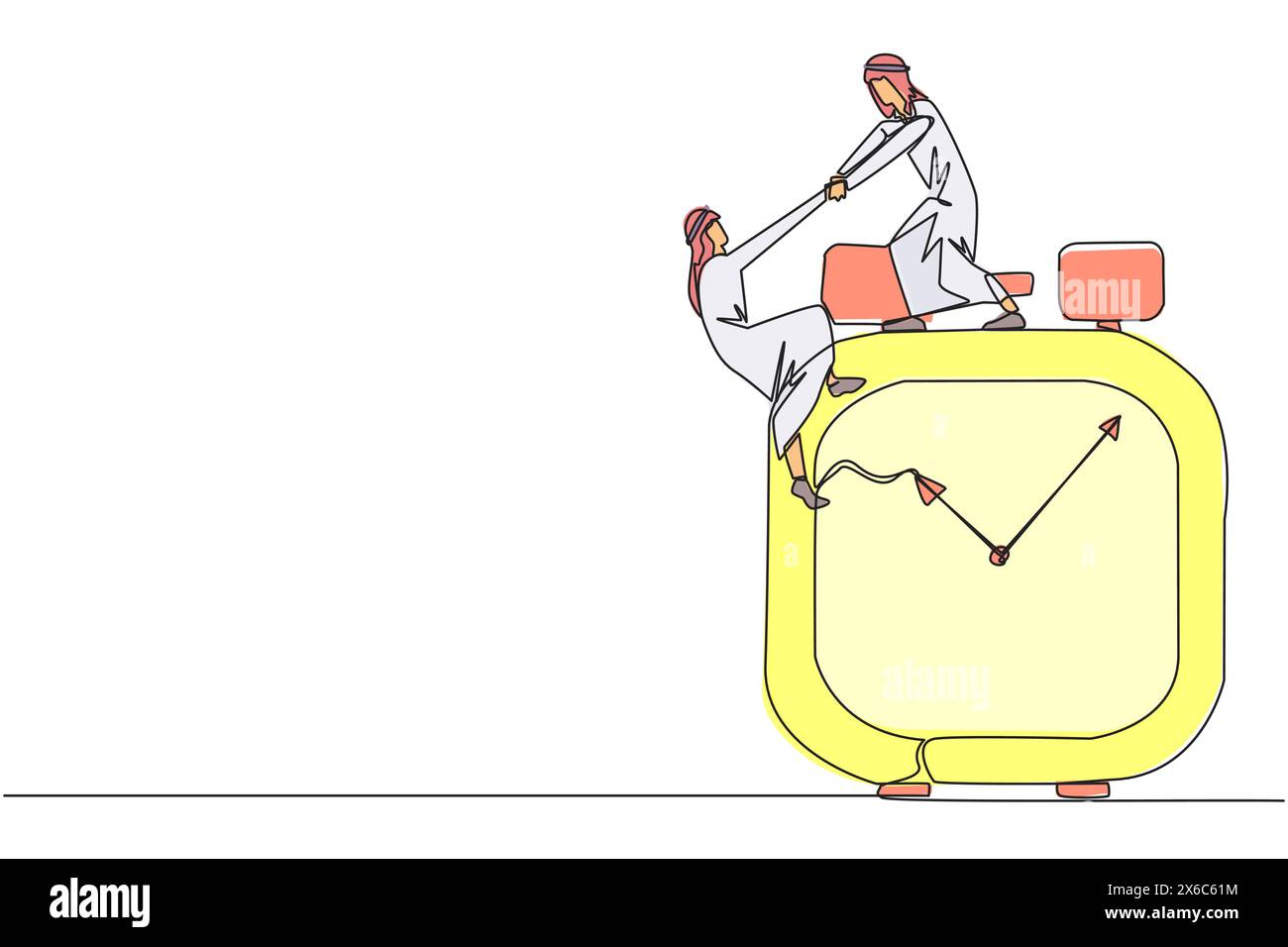 Single one line drawing Arabian businessman helps colleague climb alarm ...