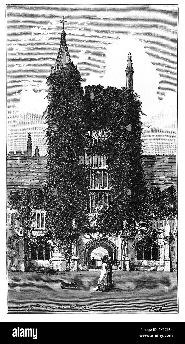 Founder's Tower, Magdalen College, Oxford. Late 19th century. Black and White Illustration from Our Own Country Vol III published by Cassell, Petter, Galpin & Co. in the late 19th century. Stock Photo