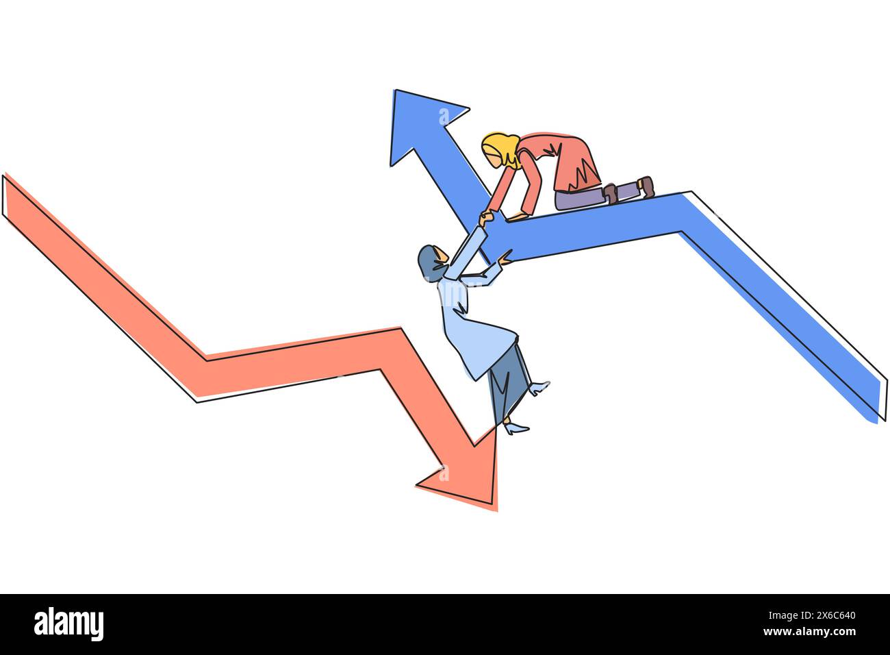 Single one line drawing Arab businesswoman helps colleague climb arrow ...