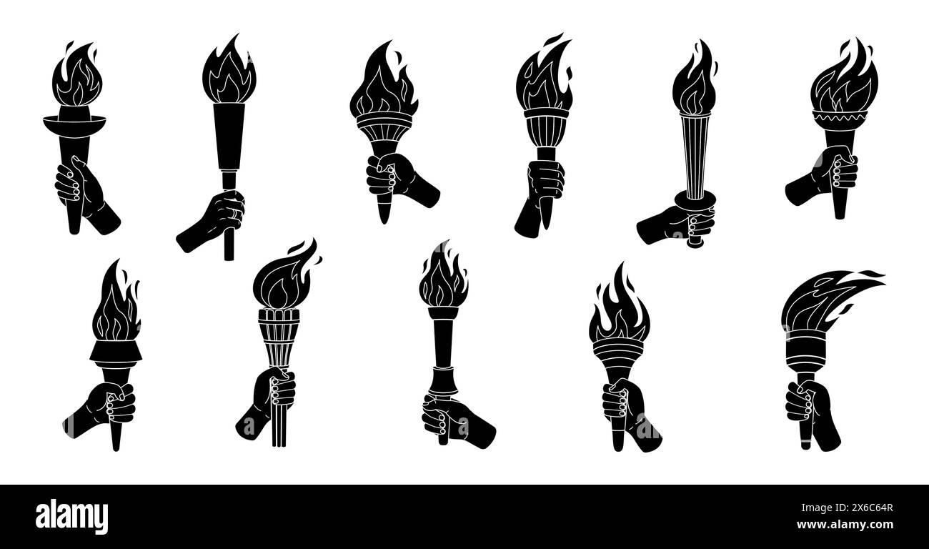 Hand holding torch Silhouette icons set. Sport symbol, Torch, Flame. silhouettes burning torches flames in hands isolated on white. Black and white Hand drawn Vector illustration Stock Vector