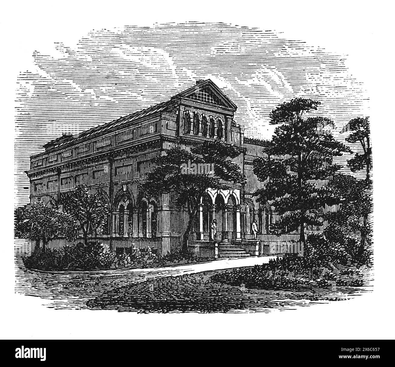 Royal Museum and Public Library in Peel Park, Salford. Late 19th century. Opened in 1850, The gallery and museum (now called Salford Museum and Art Gallery) are devoted to the history of Salford and Victorian art and architecture. Black and White Illustration from Our Own Country Vol III published by Cassell, Petter, Galpin & Co. in the late 19th century. Stock Photo