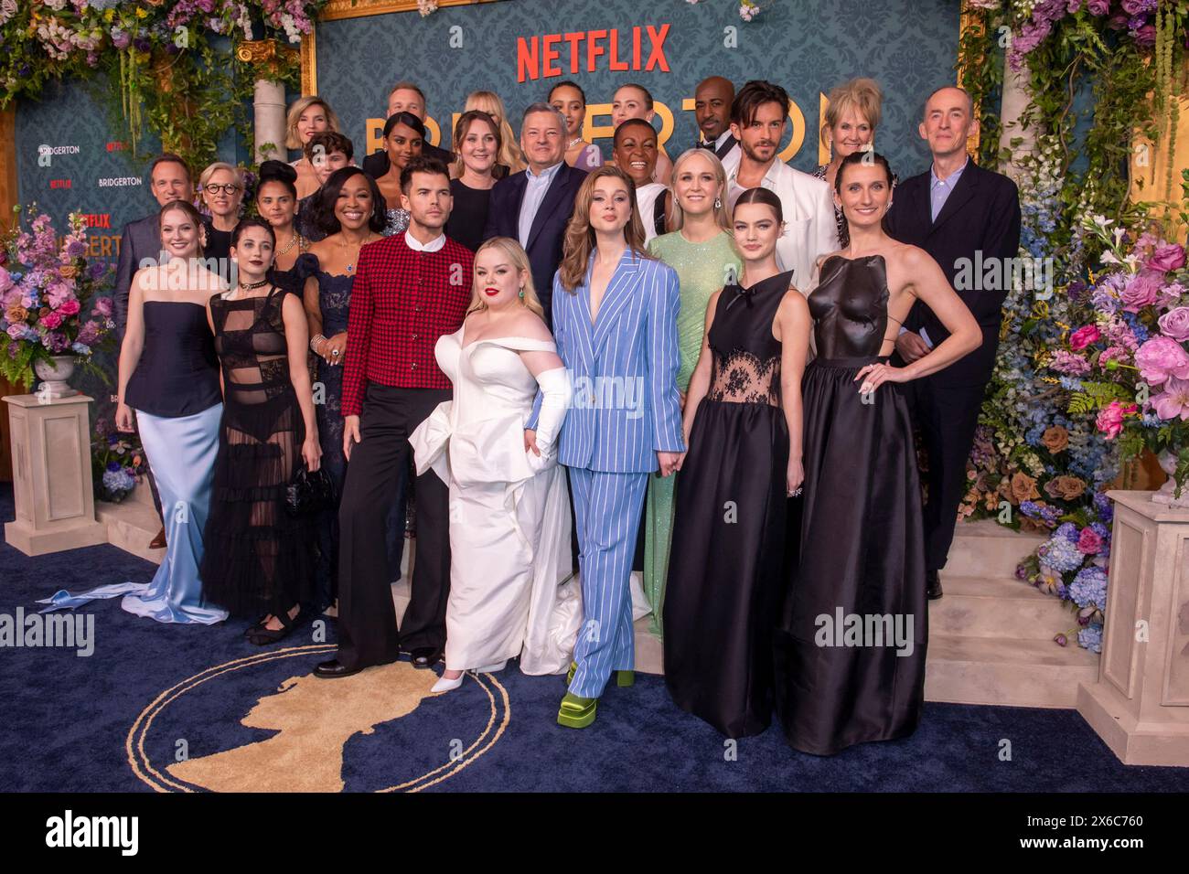 New York, New York, USA. 13th May, 2024. (NEW) Netflix's &quot;Bridgerton&quot; Season 3 World Premiere. May 13, 2024, New York, New York, USA: (L-R) Tom Verica, Betsy Beers, Hannah Dodd, Joanna Bobin, Bela Bajaria, Will Tilson, Harriet Cains, Sam Phillips, Shonda Rhimes, Simone Ashley, Jessica Madsen, Ruth Gemmell, Luke Newton, Emma Naomi, Ted Sarandos, Nicola Coughlan, Hannah New, Adjoa Andoh, Daniel Francis, Claudia Jessie, Jess Brownell, Jonathan Bailey, Lorraine Ashbourne, Florence Hunt, Dominic Coleman and Bessie Carter attend Netflix's &quot;Bridgerton&quot; Season 3 Wor Stock Photo