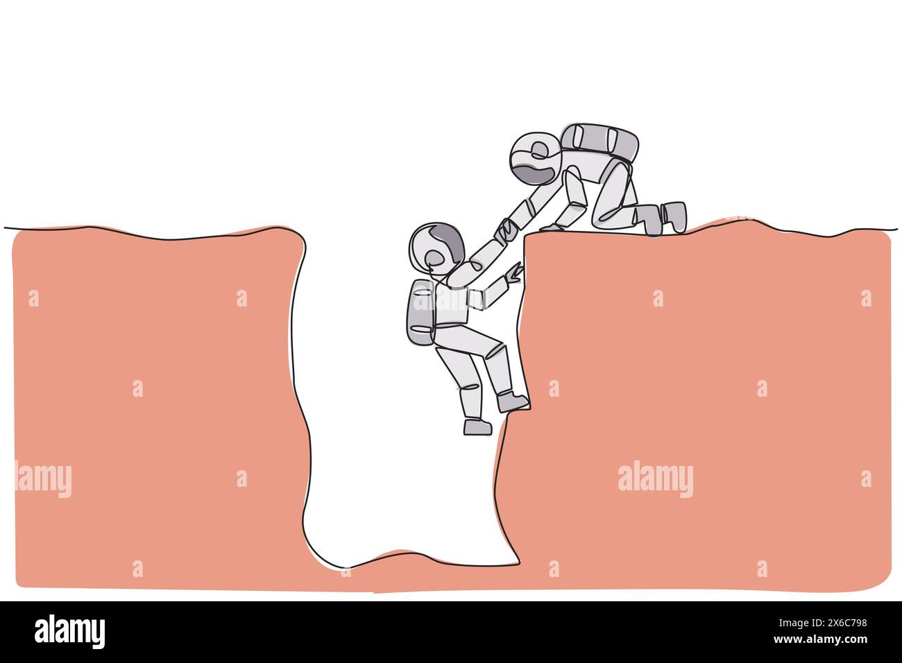 Single one line drawing young astronaut helps colleague climbing a wide hole. Teamwork helps colleague who fallen. Inviting success together. Cohesive Stock Vector